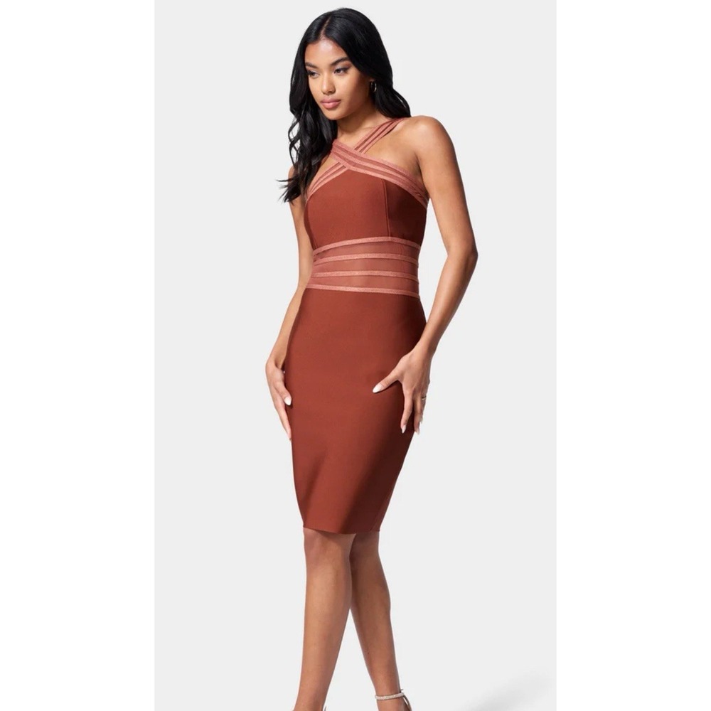 NWT Bebe Bandage Cross Front Dress Size Large Copper | MSRP $169 - VERY SEXY